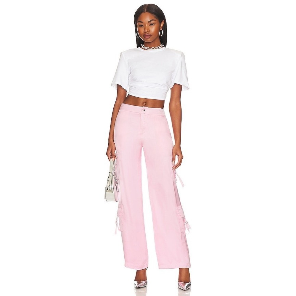 Lovers and Friends Kit Cargo Pant Light Pink Satin Wide Leg Buckle Trousers M - Picture 2 of 6